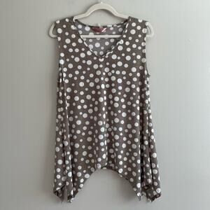 SJS Size L Brown White Polka Dot Textured Tank Blouse Sleeveless V-Neck Stretch